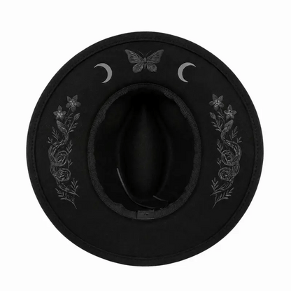 🖤 Gothic Embroidered Wide Brim Fedora Hat | Black Felt Design with Detailed Underside Embroidery in 7 Witchy, Celestial & Halloween Styles 🌙