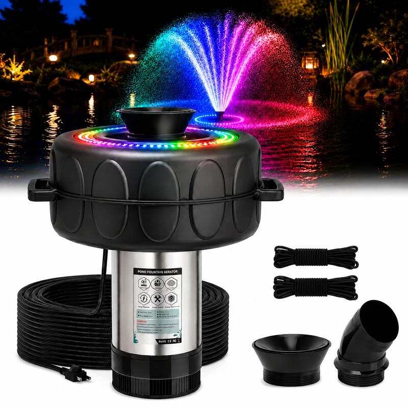 Pond Fountain Aerator  1HP 110V 750W 15000 GPH Floating Fountain Pump with 100 FT Power Cord  2 x 100 FT Rope Timer  Fully Automatic Powerful Aerating Fountain for Larger Ponds, Lakes