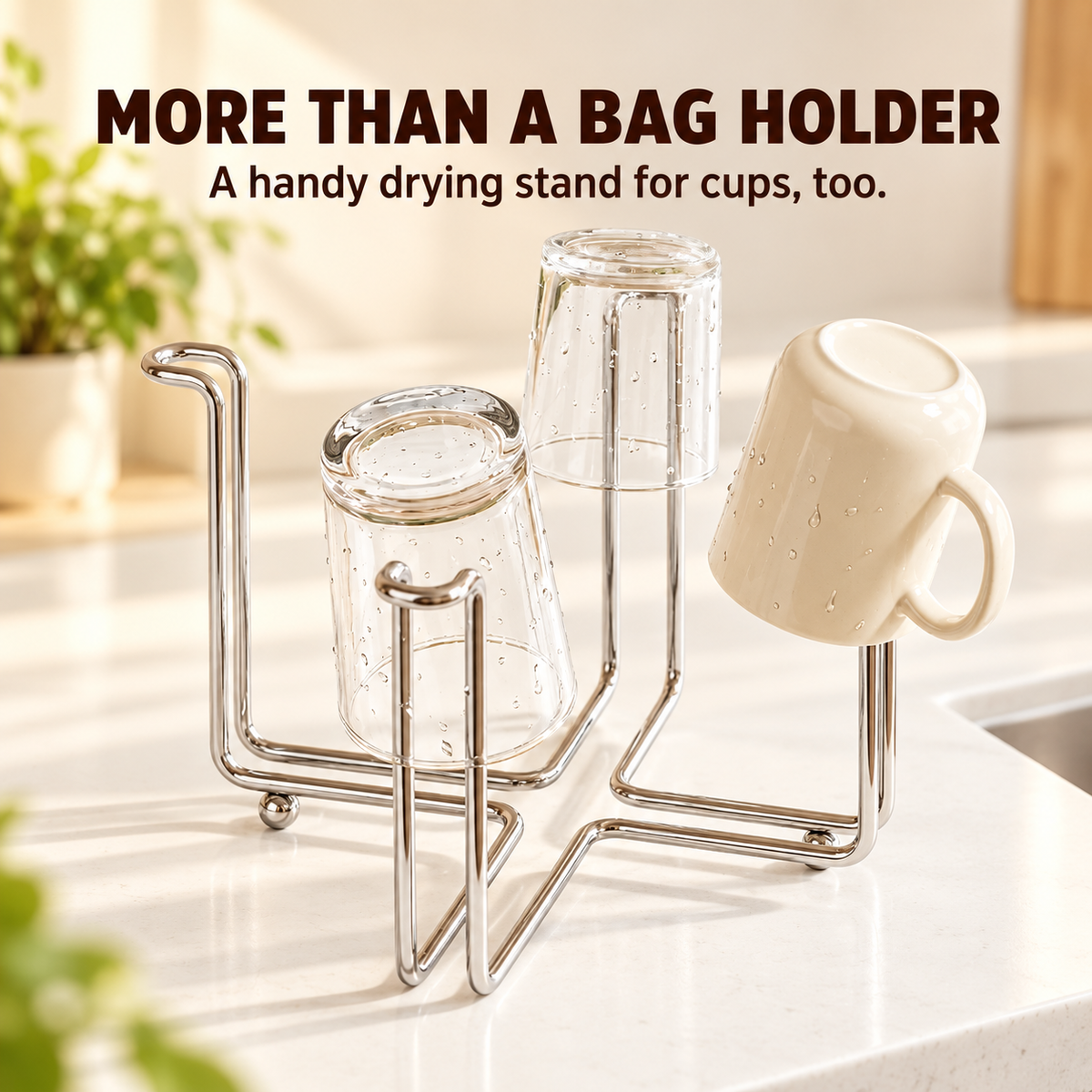 🍽️✨ 2-in-1 Foldable Kitchen Stand – Hold Bags, Dry Cups, Save Space