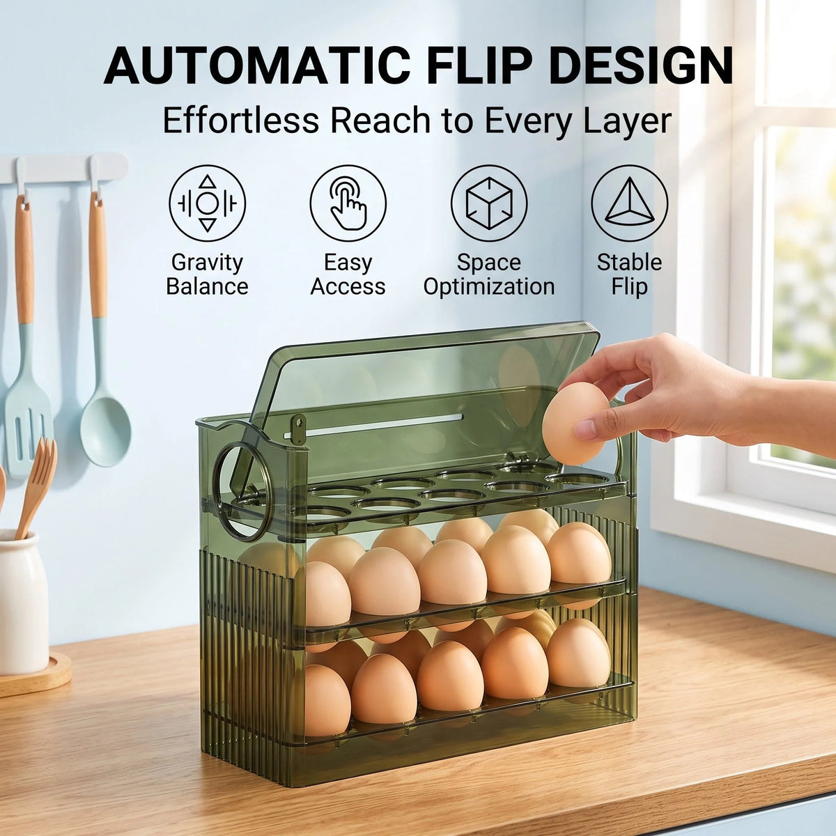 🥚 30-Egg Fridge Keeper – Clear Stackable Storage Tray with Protective Lid, Green