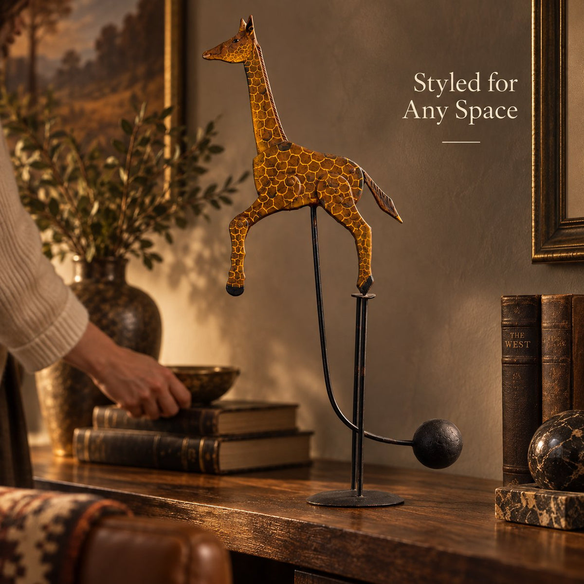 Handcrafted Balancing Giraffe Kinetic Desk Sculpture Mid-Century Kinetic Art Statue for Office Desktop & Home Table Decor