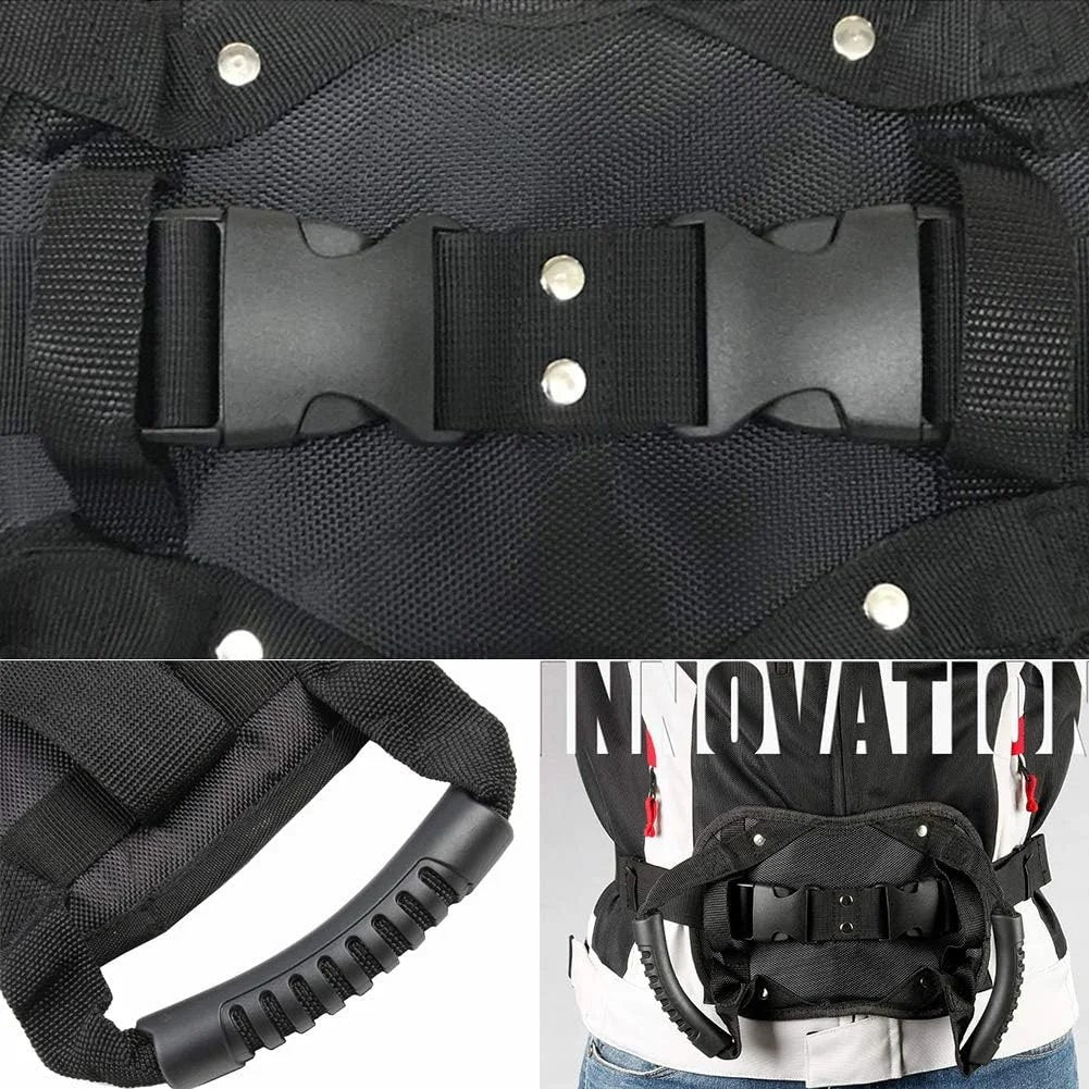 🌟✨ Motorcycle Passenger Safety Belt with Grab Handle, Adjustable Rear Seat Grip Strap, PP Board Reinforced Breathable Mesh, Universal Fit for Motorbike Scooter E-bike ATV Riding