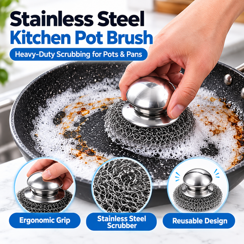 Stainless Steel Pot Scrubbers 🧽 – 2-Piece Heavy-Duty Kitchen Cleaning Brush Set