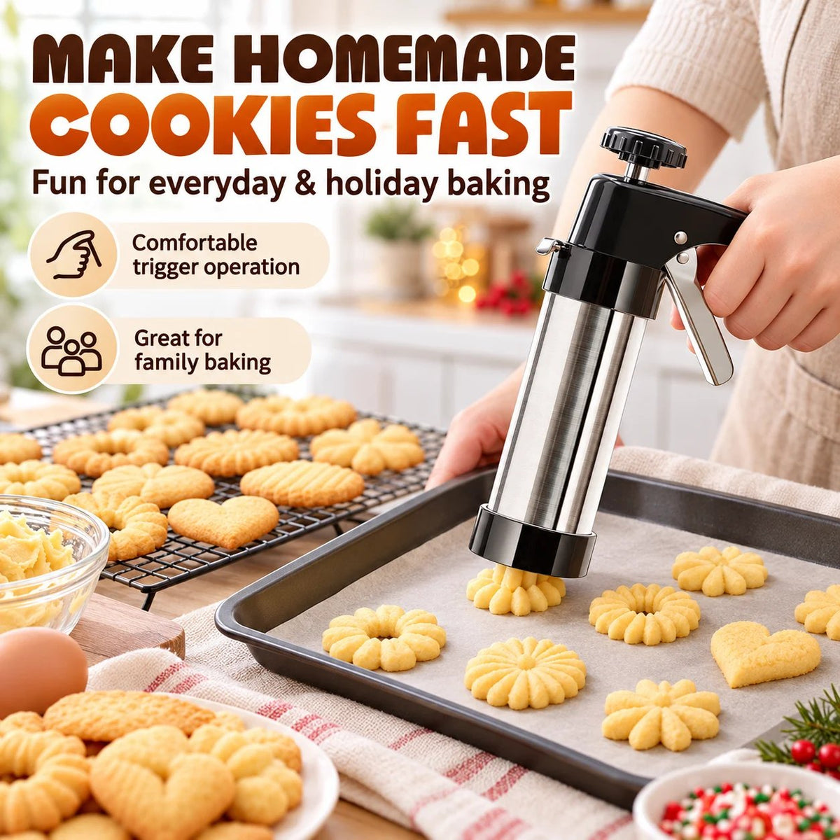 🍪 Stainless Steel Cookie Press – 13 Discs & 8 Decorating Tips