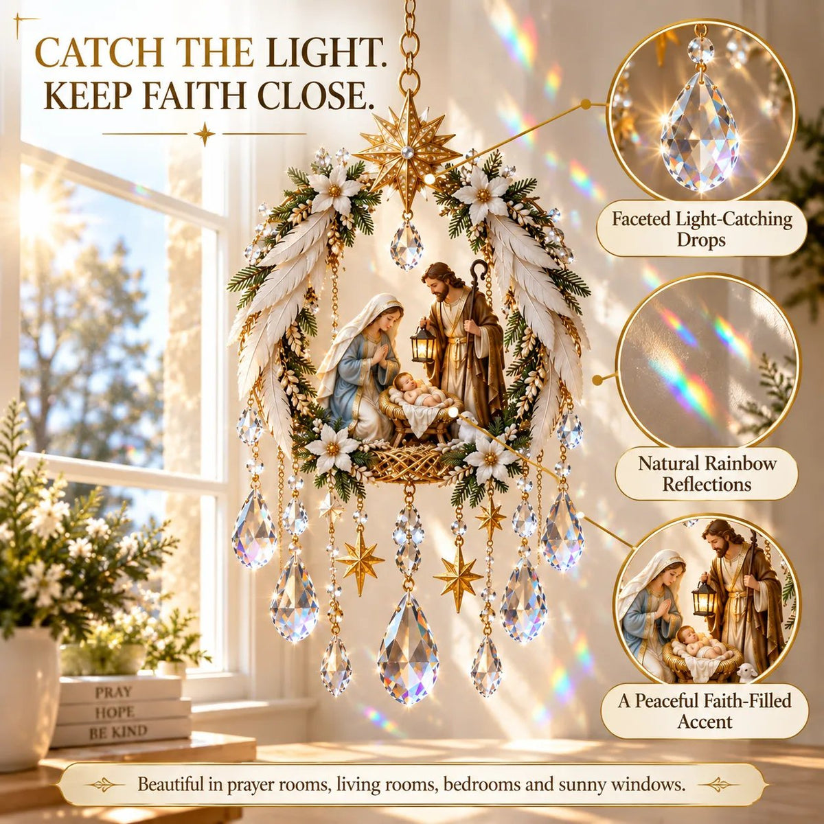 👶 Holy Family Nativity Window Prism ✝️ Rainbow-Making Crystal Sun Catcher, 12.6 × 9.4 in ✨