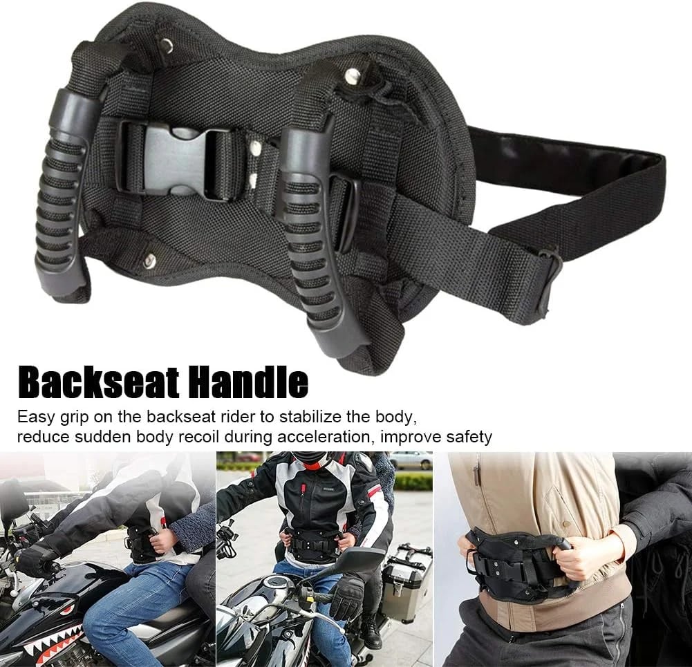 🌟✨ Motorcycle Passenger Safety Belt with Grab Handle, Adjustable Rear Seat Grip Strap, PP Board Reinforced Breathable Mesh, Universal Fit for Motorbike Scooter E-bike ATV Riding
