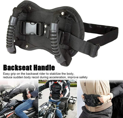 🌟✨ Motorcycle Passenger Safety Belt with Grab Handle, Adjustable Rear Seat Grip Strap, PP Board Reinforced Breathable Mesh, Universal Fit for Motorbike Scooter E-bike ATV Riding