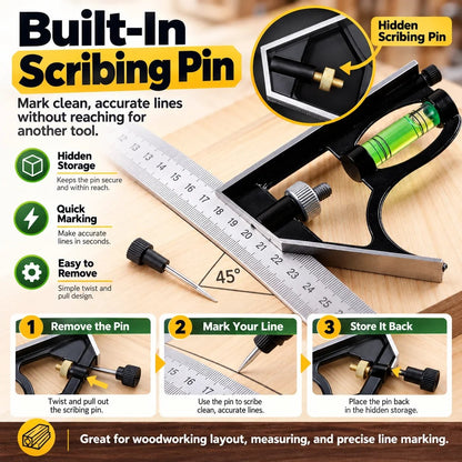 300mm Precision Combination Square 📐 – Adjustable Woodworking Tool with Level & Scriber