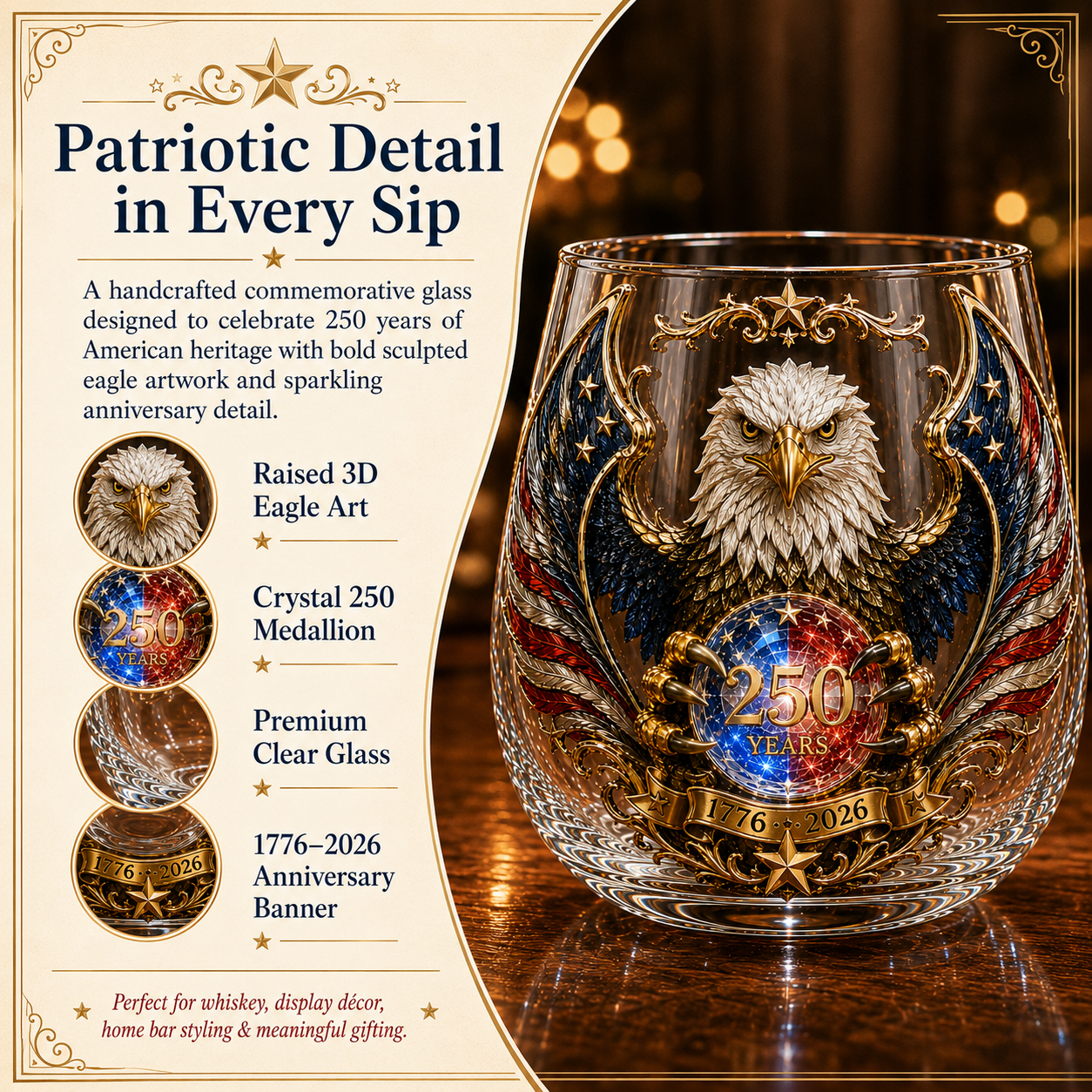 🦅🇺🇸 250 Years American Heritage Eagle Whiskey Glass | 3D Patriotic Decorative Bourbon Glass Art Cup (1776–2026)