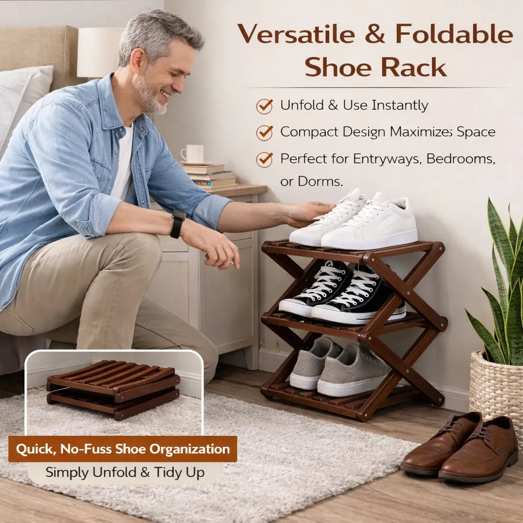 🌿 3-Tier Folding Bamboo Shoe Organizer in Natural Wood | Ready to Use, No Assembly Needed