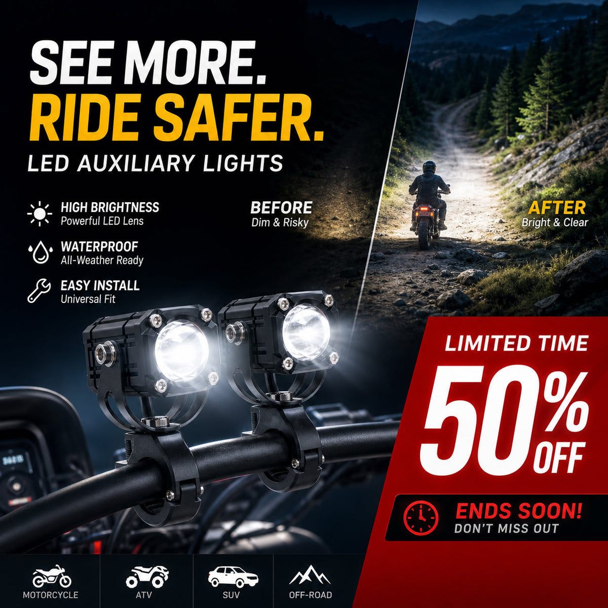 🏍️ 2026 Rider Favorite—40,000+ Sold | Universal Dual-Beam LED Motorcycle Spotlights, All-Weather Waterproof 💡