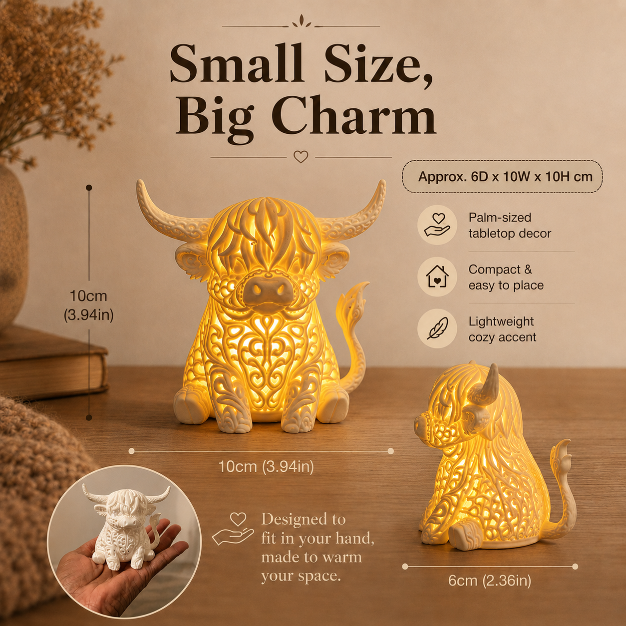 🐮 Cozy Highland Cow Glow Ornament – Palm-Sized Farmhouse Light ✨