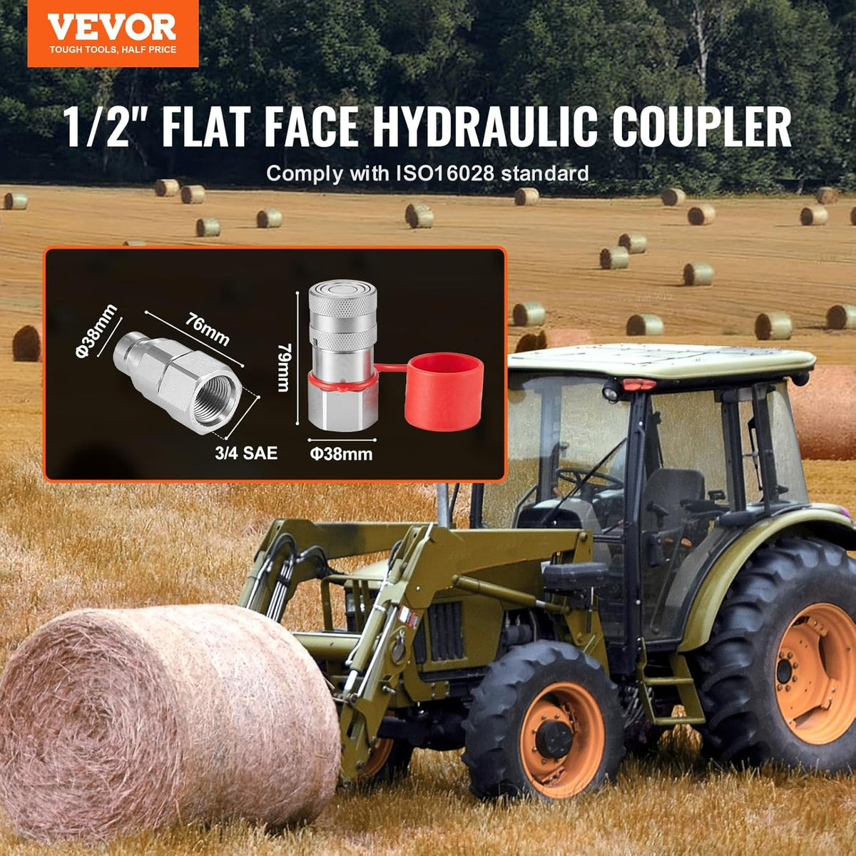 💯VEVOR 1/2" Flat Face Hydraulic Couplers, 1/2" NPT Skid Steer Hydraulic Quick Connect Couplers with 2 Dust Caps (ISO16028)