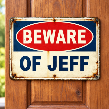Beware of Jeff Metal Sign – Funny Vintage Garage Warning Sign
