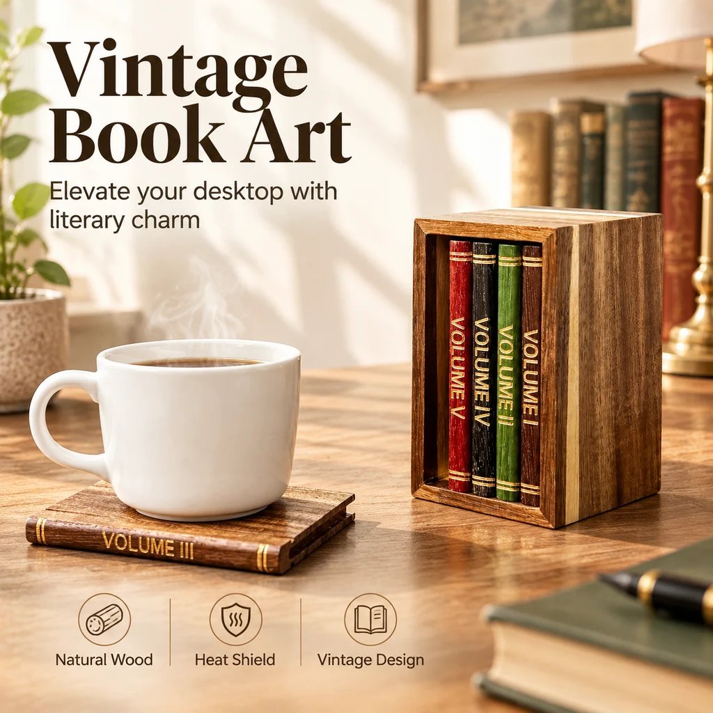 📚 Vintage Book-Style Coaster Set – Includes Upright Storage Holder