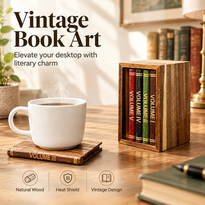 📚 Vintage Book-Style Coaster Set – Includes Upright Storage Holder