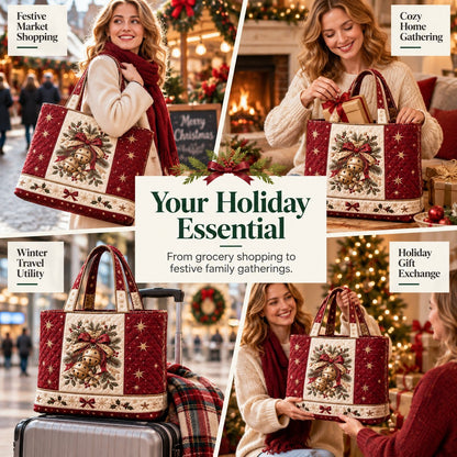🎄❤️ Festive Quilted Shopper Bag – Spacious Holiday Carryall for Gifts & More
