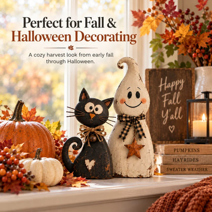 🐈‍⬛ Ghost & Black Cat Halloween Figurines – Vintage-Inspired Decor