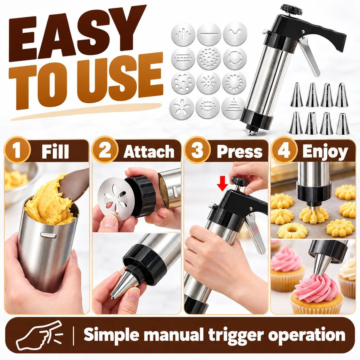 🍪 Stainless Steel Cookie Press – 13 Discs & 8 Decorating Tips