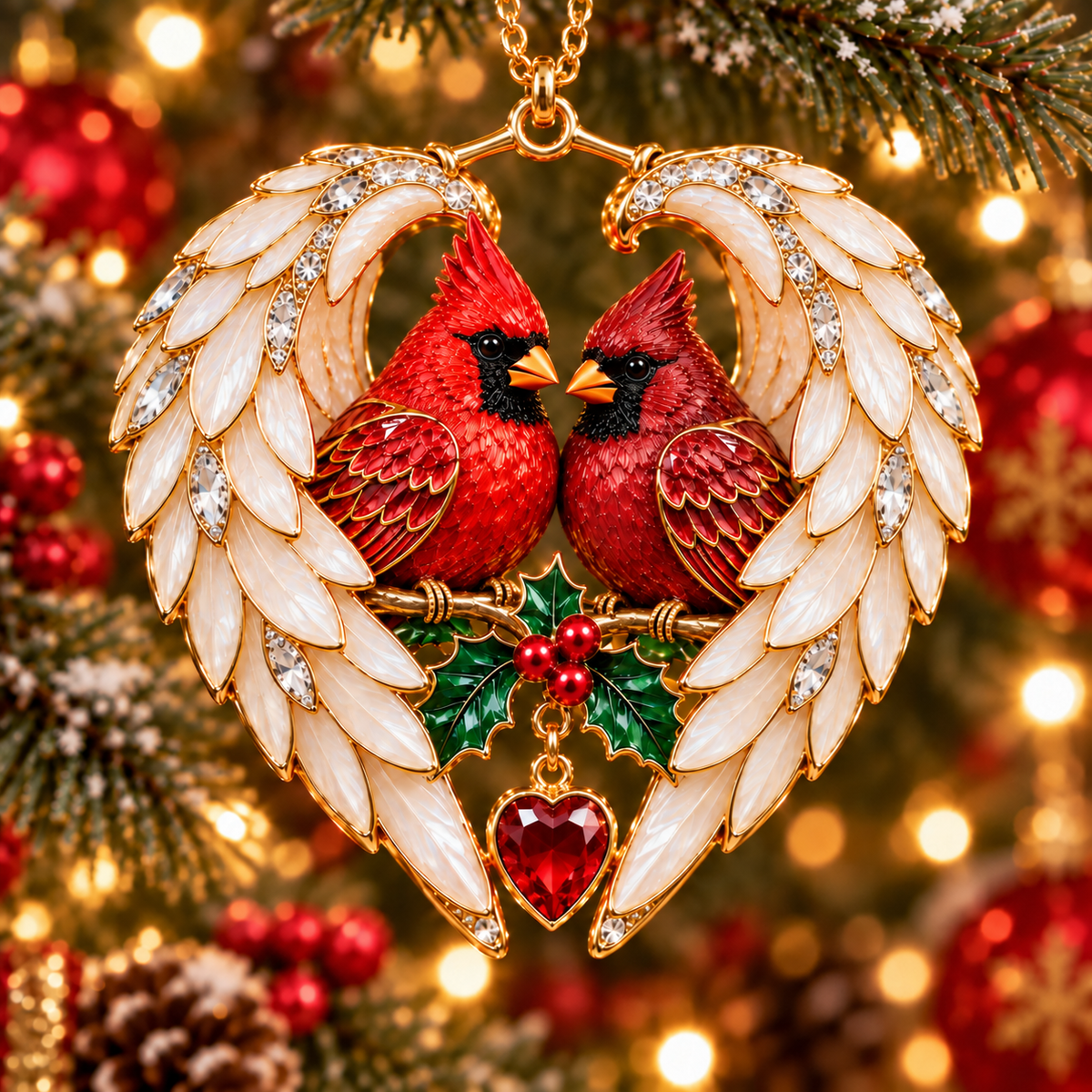 Cardinal bird pair framed by white angel wings in a heart-shaped Christmas ornament