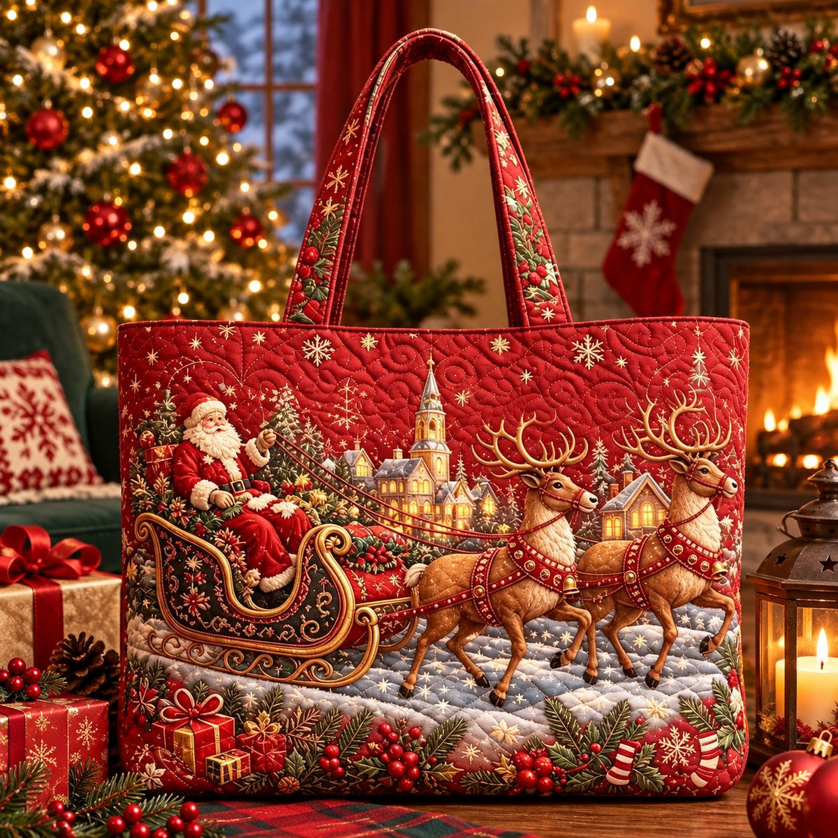 🎄❤️ Festive Quilted Shopper Bag – Spacious Holiday Carryall for Gifts & More