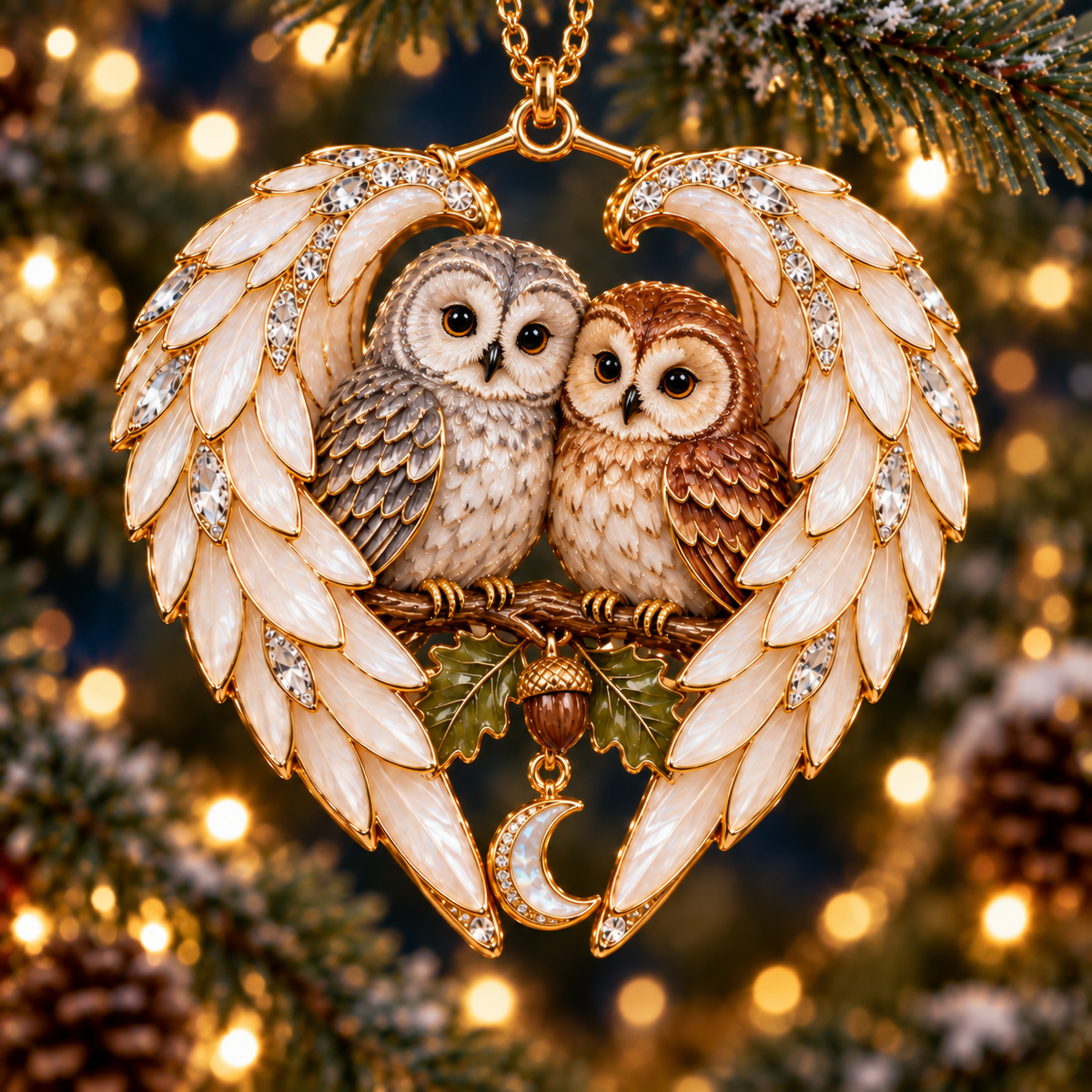Owl Pair and Acorn angel wing heart Christmas ornament