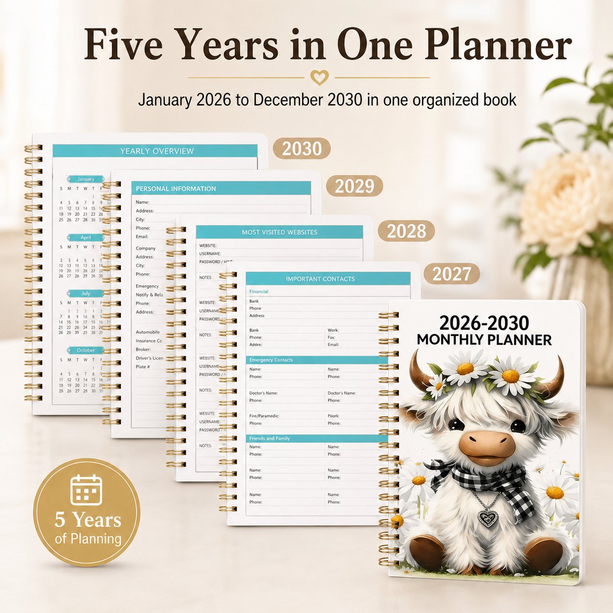 🔥LAST DAY 49% OFF - 🐮 2026–2030 Monthly Planner ✨ Cute Highland Cow 5-Year Calendar | Large Monthly Blocks for Long-Term Planning