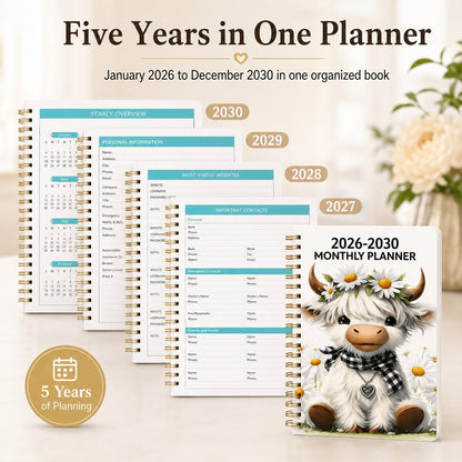 🔥LAST DAY 49% OFF - 🐮 2026–2030 Monthly Planner ✨ Cute Highland Cow 5-Year Calendar | Large Monthly Blocks for Long-Term Planning