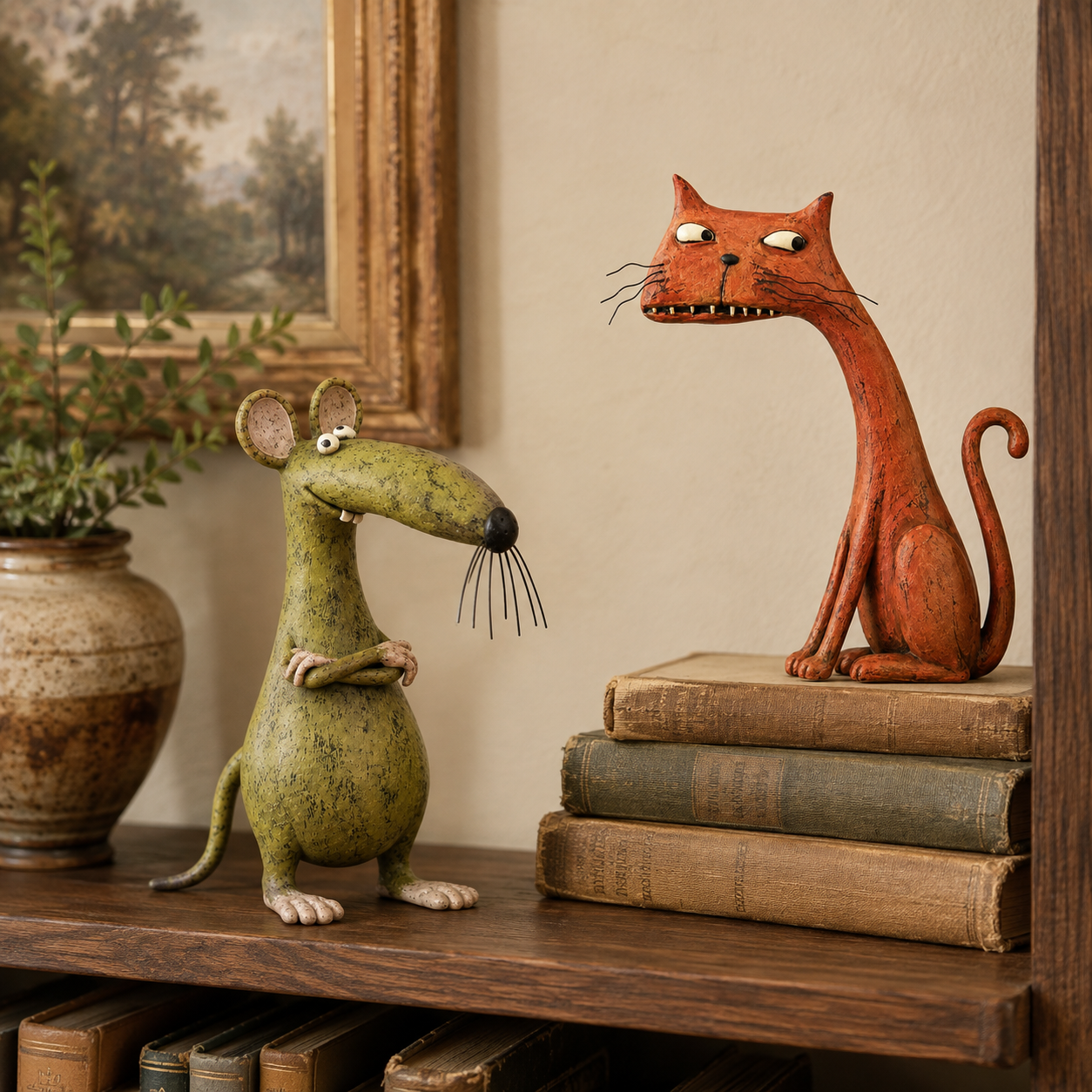 Vintage-style green mouse and burnt orange cat figurines displayed with old books