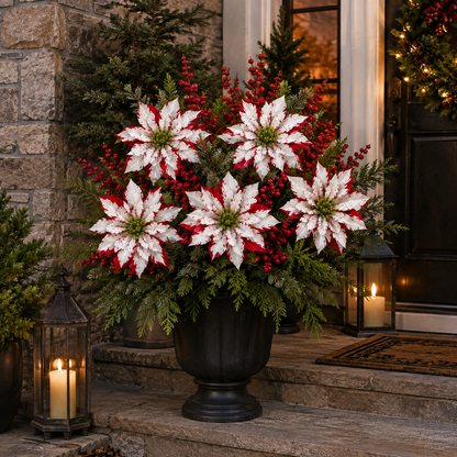 ❤️ Christmas Poinsettia Planter Inserts – Red & White Holiday Floral Picks