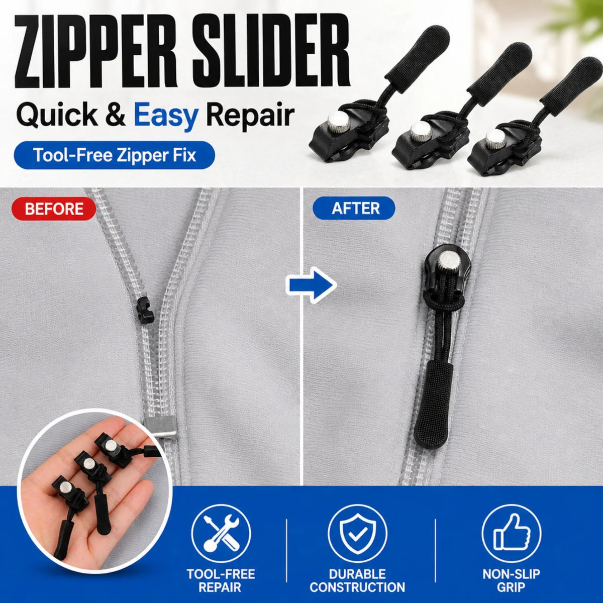 Zip Rescue Kit 🔧 15-Piece Universal Instant Zipper Fix in 3 Sizes