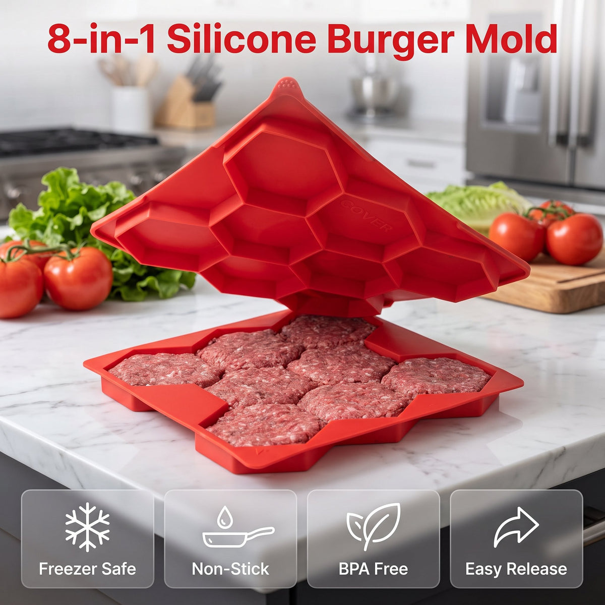 8-Cavity Burger Prep Tray 🍔 – Silicone Patty Maker for Shaping, Storing & Freezing