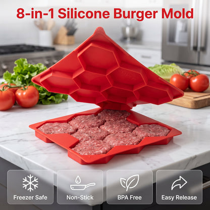 8-Cavity Burger Prep Tray 🍔 – Silicone Patty Maker for Shaping, Storing & Freezing