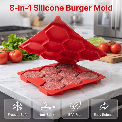 8-Cavity Burger Prep Tray 🍔 – Silicone Patty Maker for Shaping, Storing & Freezing
