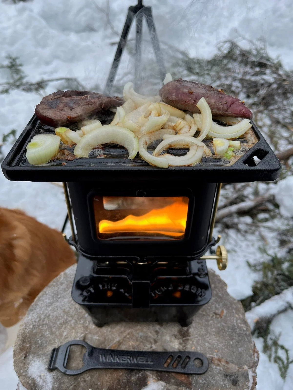 🏕️ Portable Cast Iron Camping Stove – Outdoor Cooker with Viewing Windows