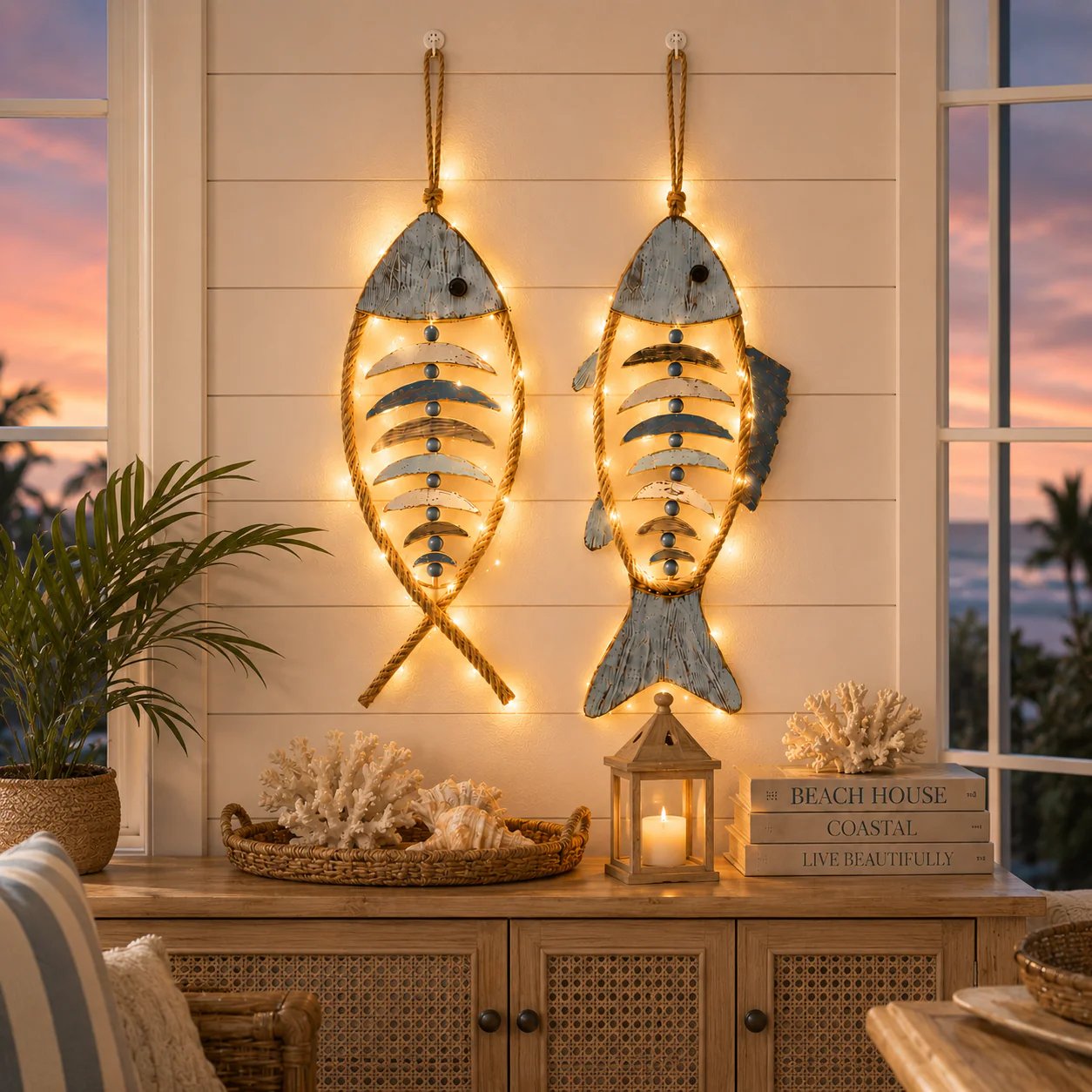 🐟✨ Lighted Coastal Rope Fish Wall Hanging