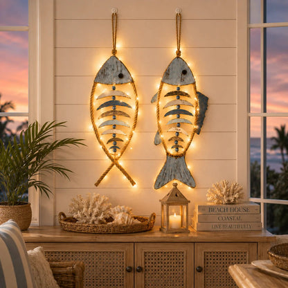 🐟✨ Lighted Coastal Rope Fish Wall Hanging