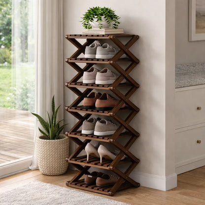 🌿 3-Tier Folding Bamboo Shoe Organizer in Natural Wood | Ready to Use, No Assembly Needed