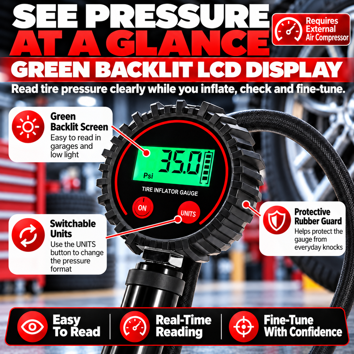 3-in-1 Digital Tire Pressure Gauge 🚗 – 200 PSI Inflator Chuck & Air Bleeder