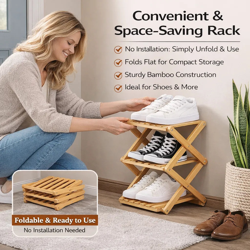 🌿 3-Tier Folding Bamboo Shoe Organizer in Natural Wood | Ready to Use, No Assembly Needed