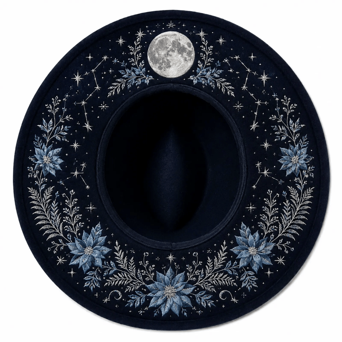 🖤 Gothic Embroidered Wide Brim Fedora Hat | Black Felt Design with Detailed Underside Embroidery in 7 Witchy, Celestial & Halloween Styles 🌙