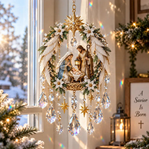 👶 Holy Family Nativity Window Prism ✝️ Rainbow-Making Crystal Sun Catcher, 12.6 × 9.4 in ✨