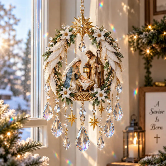 👶 Holy Family Nativity Window Prism ✝️ Rainbow-Making Crystal Sun Catcher, 12.6 × 9.4 in ✨