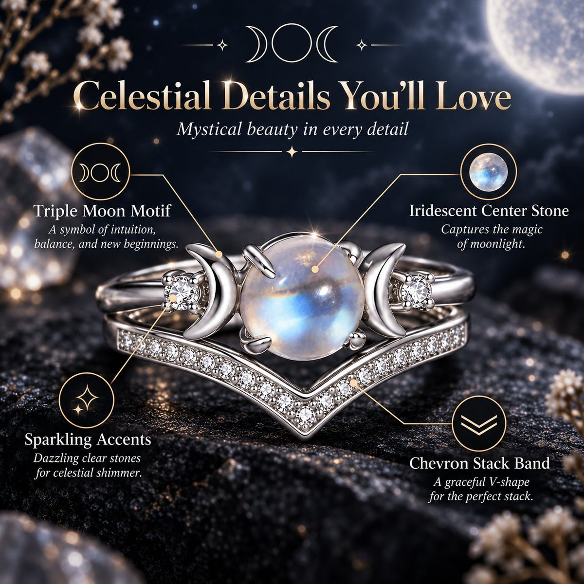 🌙 Witchy Triple Moon Ring Set