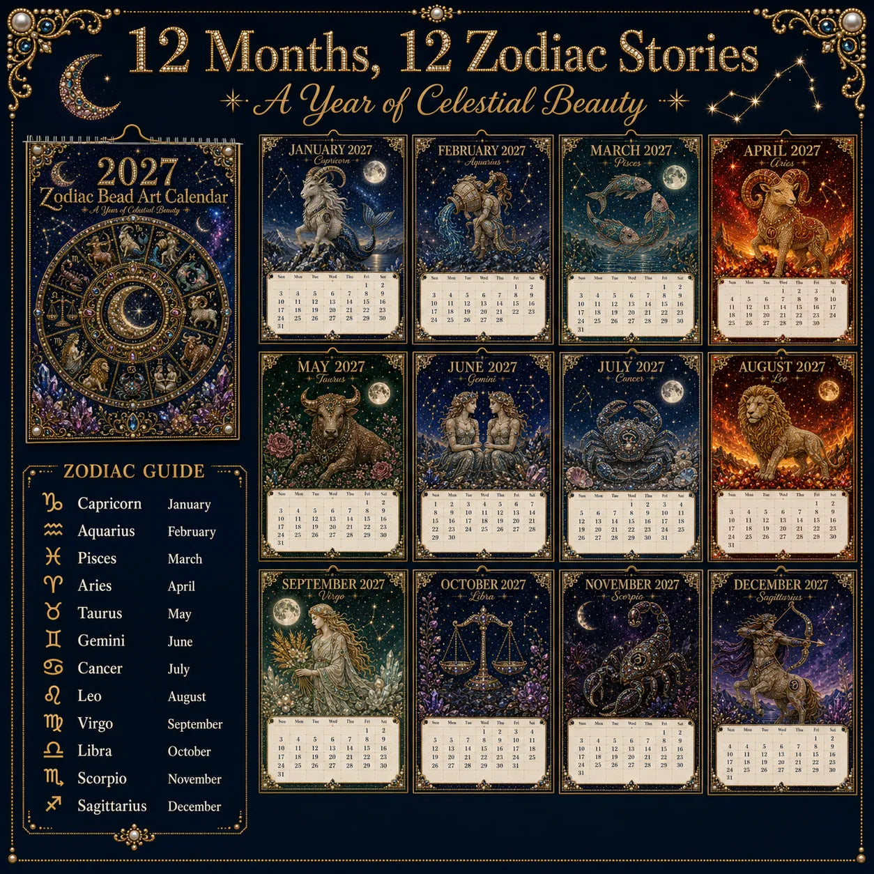 🌙💫 A Year Written in the Stars— Beginner-friendly DIY bead art calendar kit '12 Zodiac Signs 2027’💕