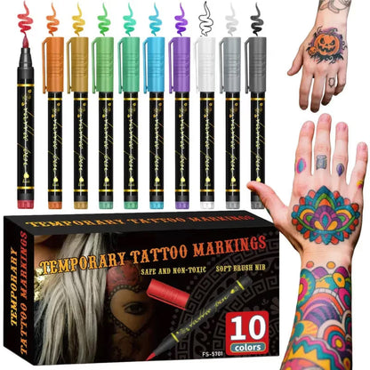 🎨✨ Vibrant 10-Piece Temporary Tattoo Pens for Creative Skin Art & Custom Designs 🌈