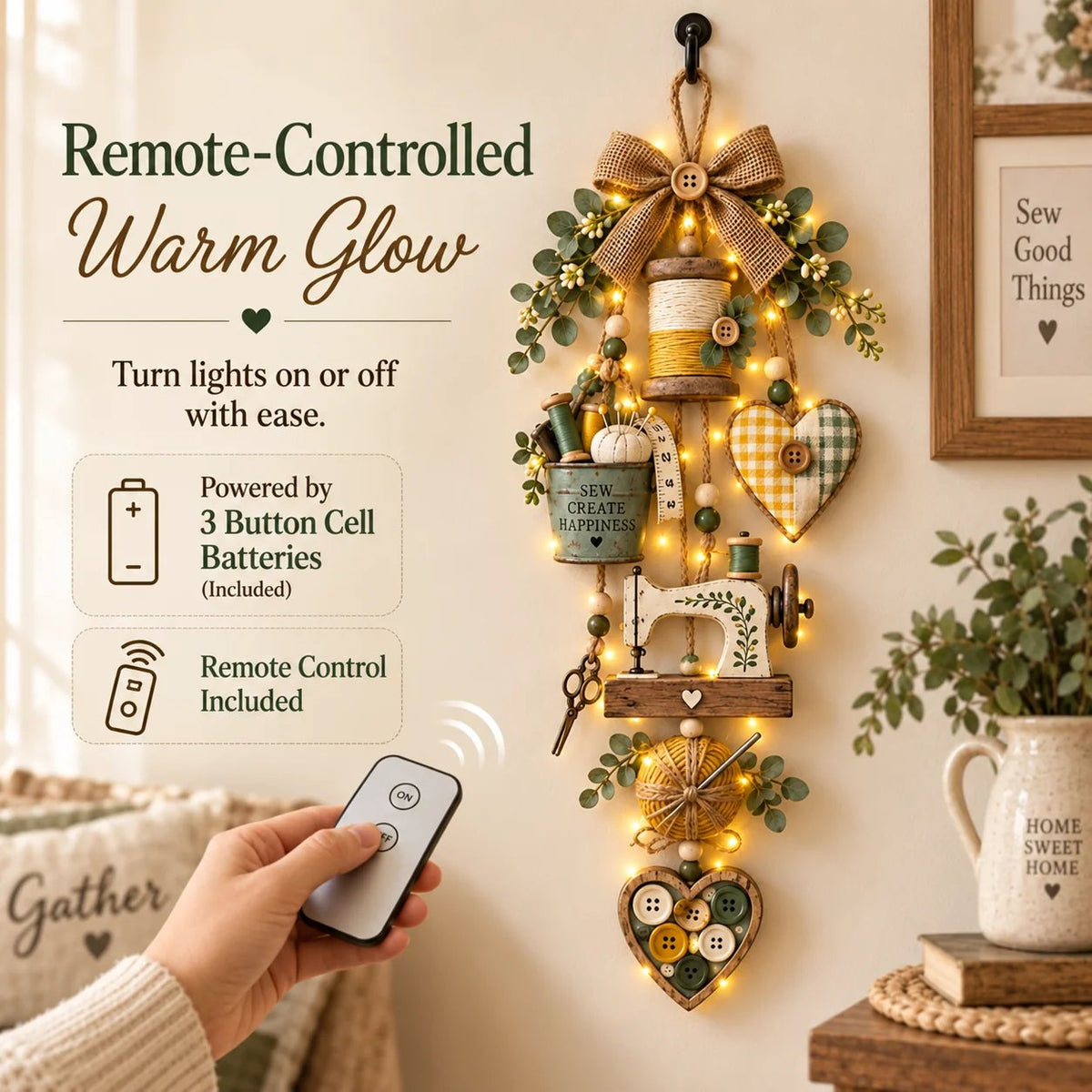 ✨🧵 Rustic Wooden Sewing - Themed Hanging Ornament with Remote Control Fairy Lights