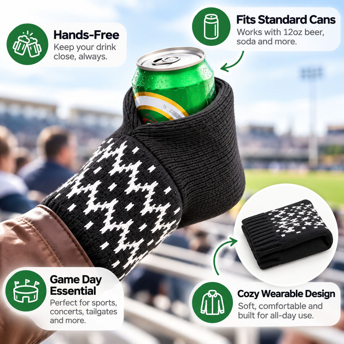 Game-Day Knit Can Cozy 🥤 – Hands-Free Wearable Drink Holder