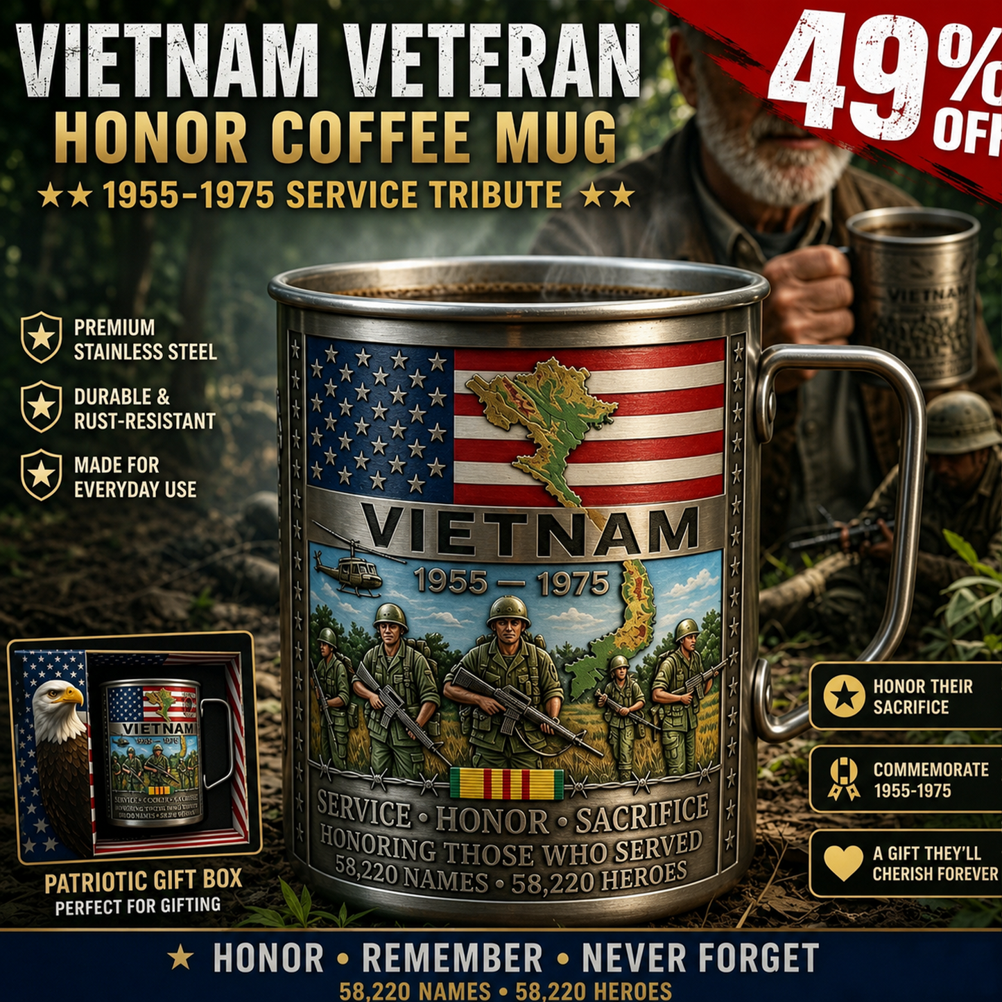 🔥LAST DAY 49% OFF 🎖️Vietnam Veteran Honor Coffee Mug – 1955-1975 Service Tribute