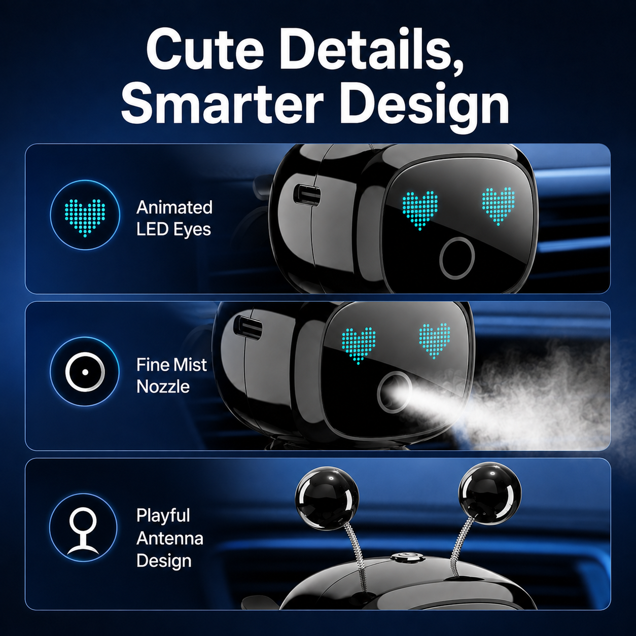 Robot diffuser LED face antenna and fine mist nozzle details